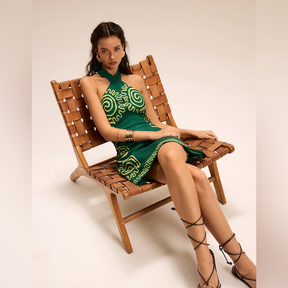 Commense Green Halter Mini Dress with Yellow Swirl Embroidery - Picture 6 of 6